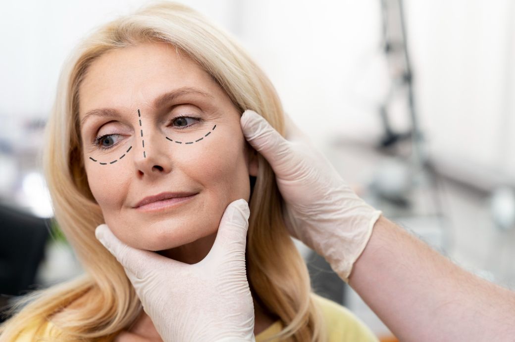 Chirurg plastician care marchează pleoapa superioară înaintea unei blefaroplastii cu anestezie locală