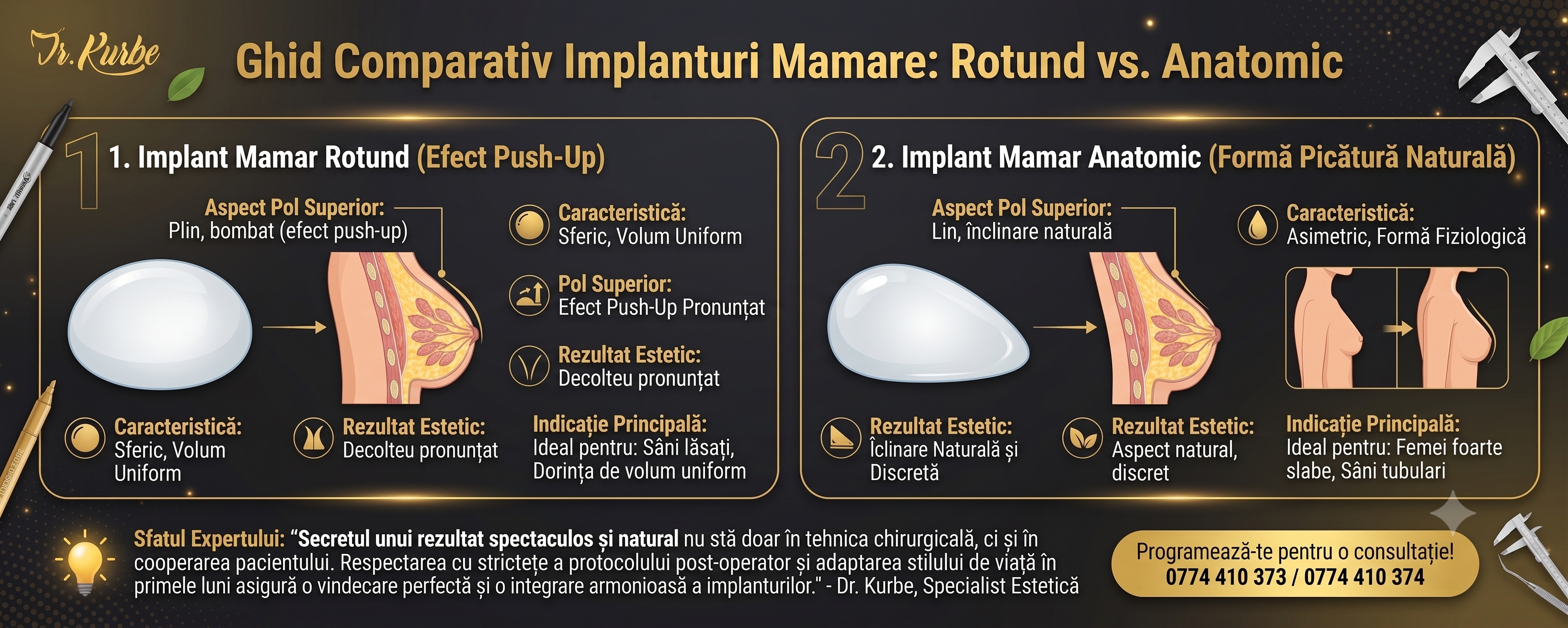 Tipuri de implant mamar și abordul chirurgical la Dr. Kurbe Center